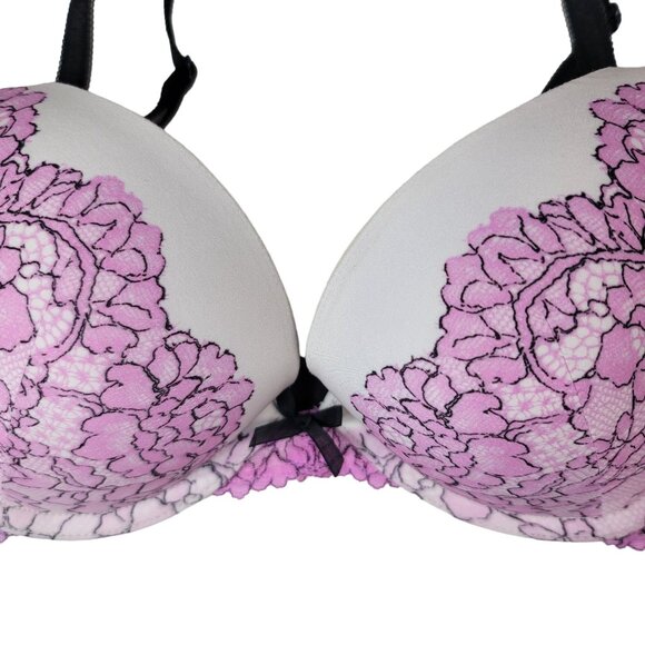 Victoria's Secret Push-Up Bra Pink Black 34C Lace Floral Underwire Dream Angels - Picture 4 of 12